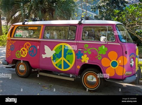 vintage vw hippie bus   street  clearwater florida stock photo