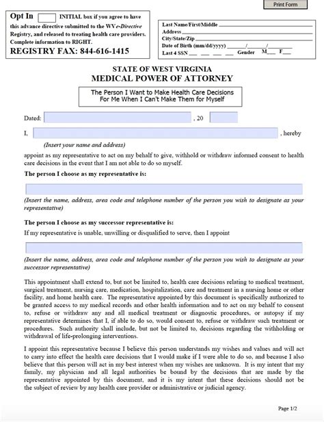 west virginia medical power  attorney form living  forms