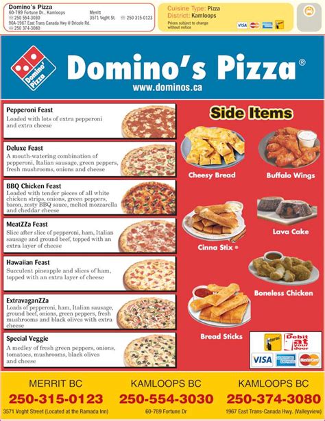 dominos pizza menu prices  sydney ave kamloops bc