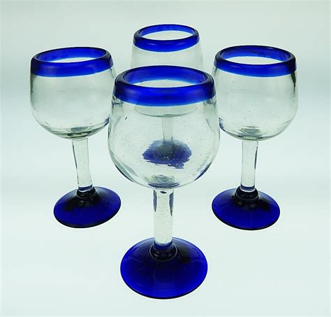 Wine Glasses Hand Blown 10 Oz Blue Rim Tulip Shape 4 Made In Mexico