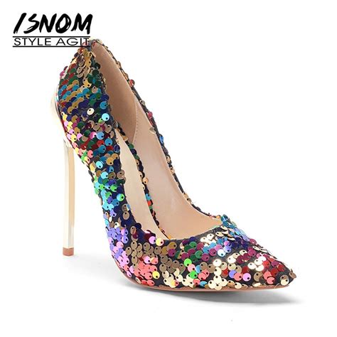 isnom sexy high heels women pumps bling shallow footwear pointed toe