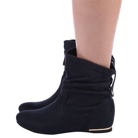 Womens Ladies Flat Slouch Low Heel Wedge Ankle Boots Shoes Pixie Casual
