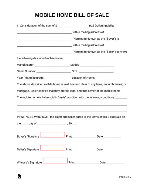 printable bill  sale  mobile home printable form templates  letter