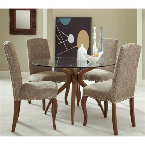 seater dining set circular glass table fabric cushioned dining chair