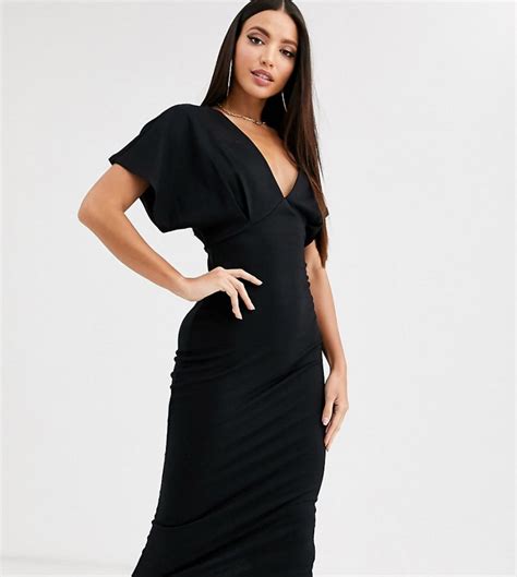 asos design tall midi jurk met vleermuismouwen van pontestof zwart tall fashion