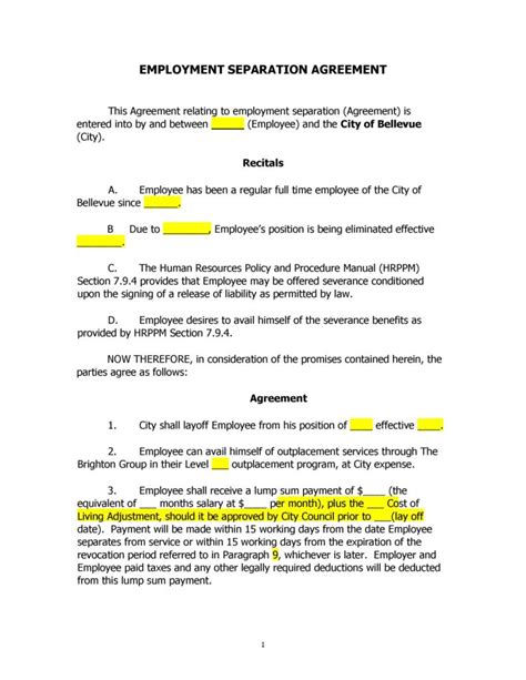 separation agreement templates separation papers