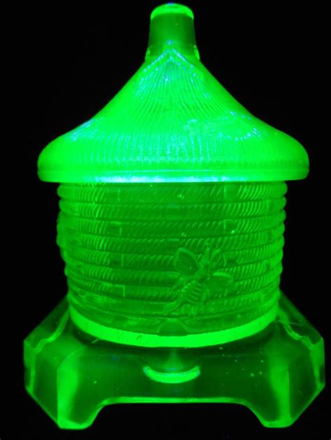 green vaseline glass honey pot bee hive jar canary uranium