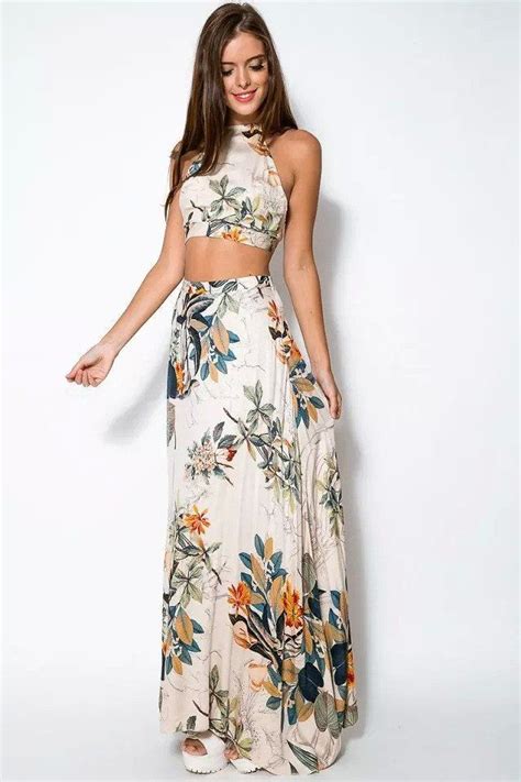 cupshe floral crop top maxi skirt sets printed beach dresses long