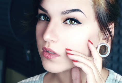 wallpaper face women model glasses red makeup blue pierced lip