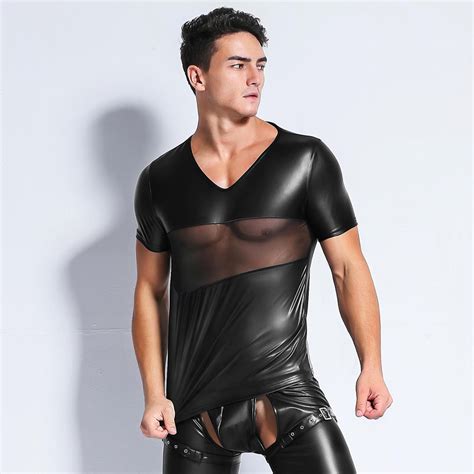 2018 Sexy Men Faux Leather T Shirts Male Fashion
