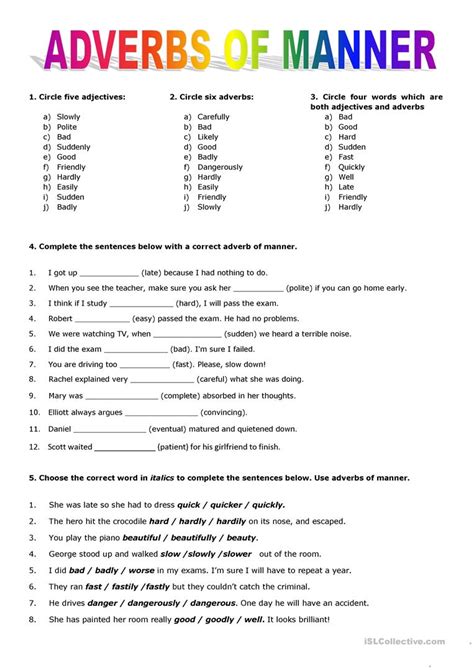 adverbs  manner english esl worksheets  distance learning