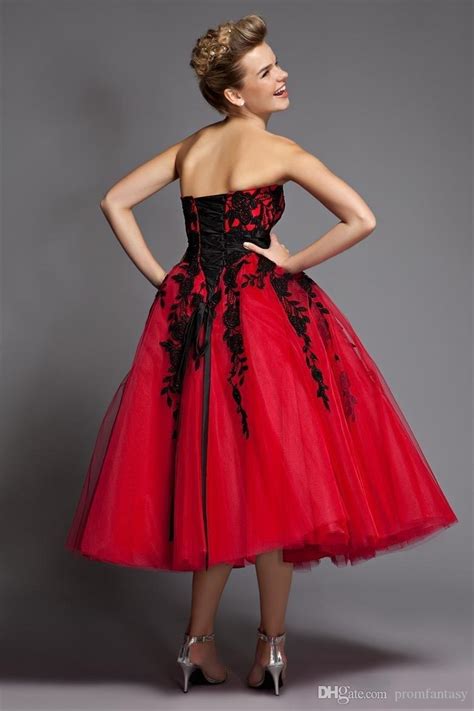 Gothic Red And Black Prom Dresses Sweetheart Tea Length Short Tulle A