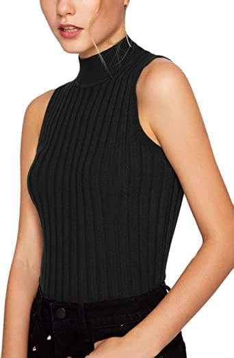 women sleeveless high mock turtleneck ribbed knit sweater tank top