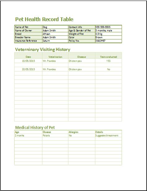 pet health record form template  sample form