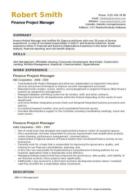 finance project manager resume samples qwikresume