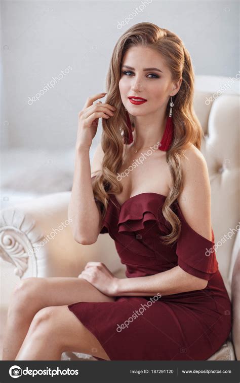 Beautiful Sexy Lady Elegant Burgundy Dress Close Fashion Portrait Model