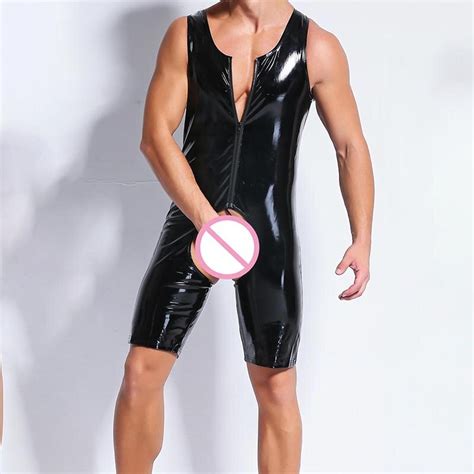 Aiiou Men Fetish Sexy Faux Latex Leather Bodysuits T Back Costumes Gay