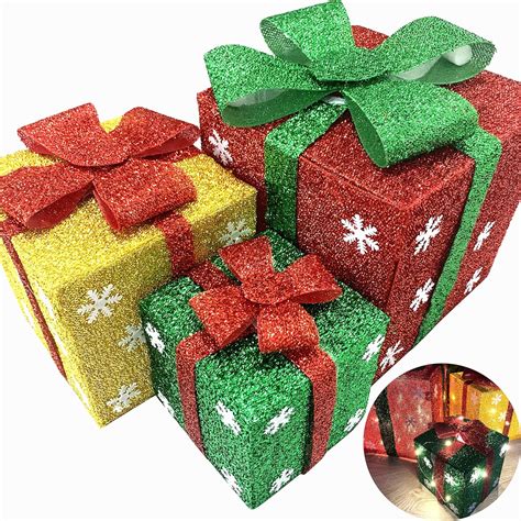 pcs lighted gift boxes christmas decorations  bows present boxes red green  yellow lit