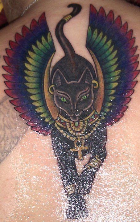 Egyptian Black Cat With Colorful Wings Tattoo Bastet