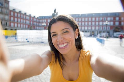 attractive latin woman talking selfie stock image image of beautiful
