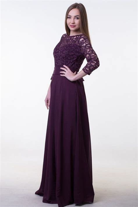 dark purple bridesmaid dress long lace  chiffon dress  sleeves modest prom dress