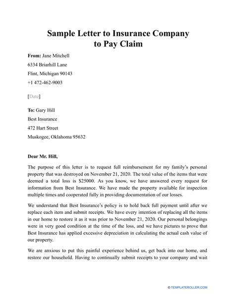 sample letter  insurance company  pay claim  printable
