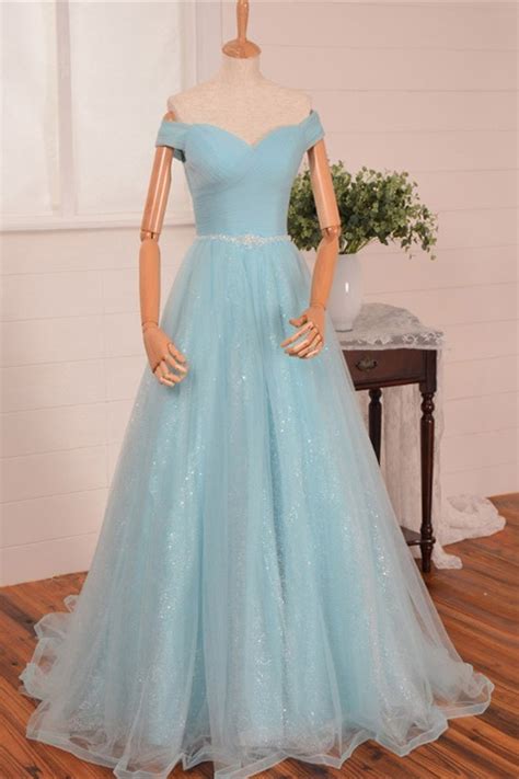 a line sweetheart off the shoulder light blue tulle prom