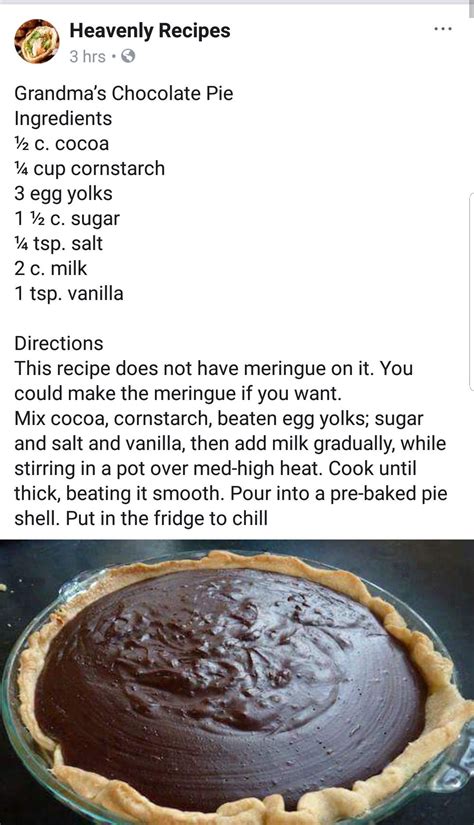 Pin By Sherrylovinglife On Dessert Recipes Grandma S Chocolate Pie