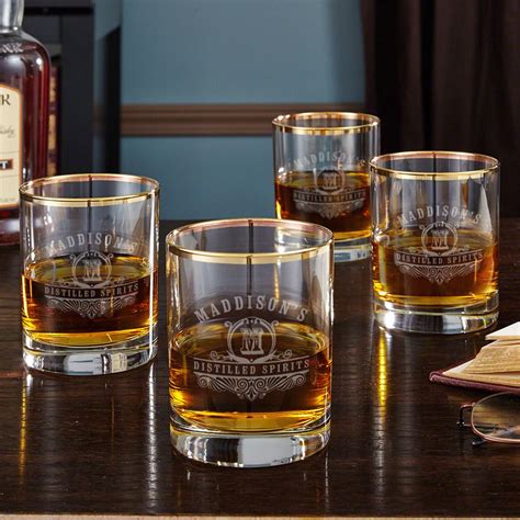 carraway monogram etched whiskey glasses with gold rim