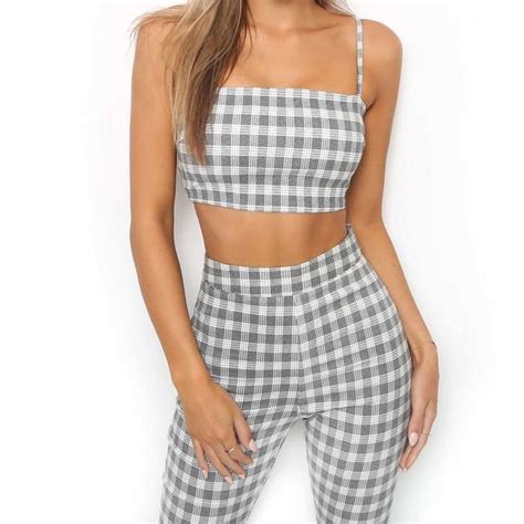 2018 New Fashion 2 Piece Clothing Set Women Plaid Crop Top And Pants