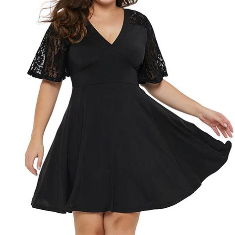 Hualong Elegant Lace Short Sleeve Plus Size Black Skater Dress Online