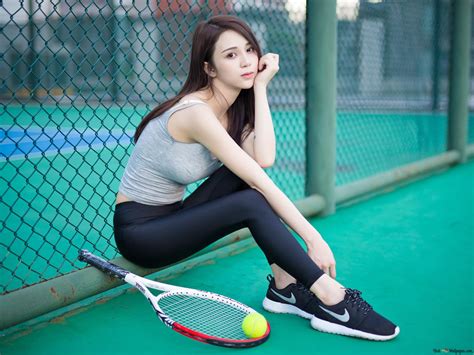 sexy sporty asian girl playing racket 4k wallpaper download