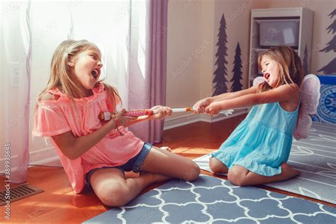 Two Little Mad Angry Girls Sisters Having Fight At Home Friends Girls