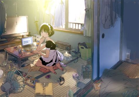 wallpaper anime girl apron room notebook short hair