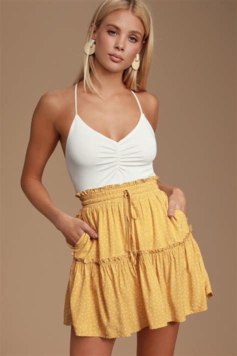 cute mustard yellow polka dot skirt mini skirt ruffled skirt lulus
