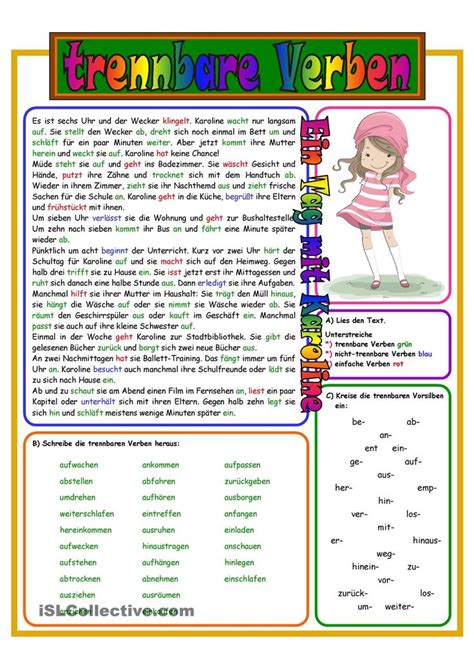 trennbare verbenlesetextuebung  verben deutsch
