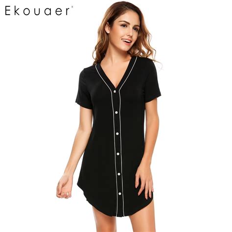 Ekouaer Brand Nightgown Womens Casual Short Sleeve Solid Sleepwear