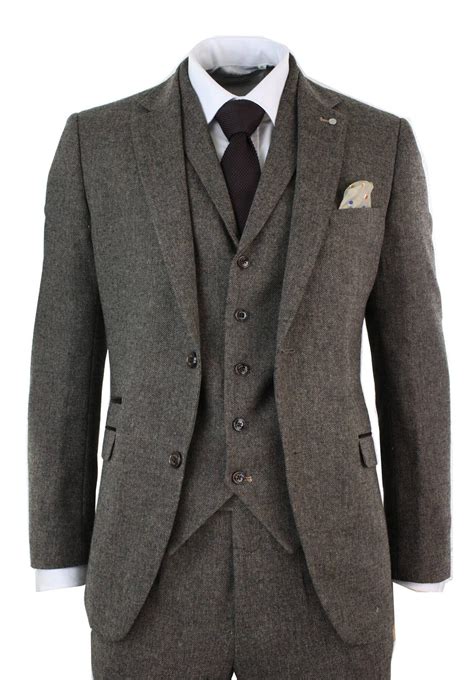 mens  piece wool blend herringbone tweed suit brown vintage tailored