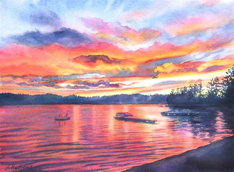 leslie lambert redhead fine art watercolor  sunset  loon lake