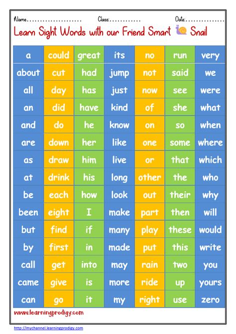 basic sight words chart  kindergarten learningprodigy charts