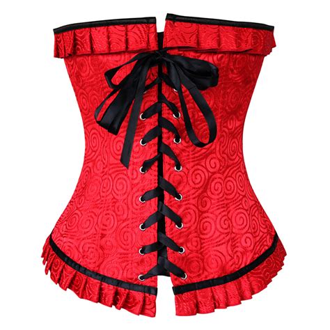 fashion red brocade ruffles busk closure overbust corset