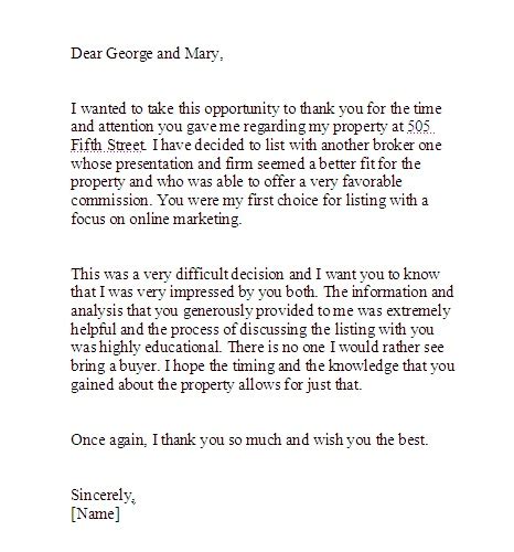 real estate rejection letter examples
