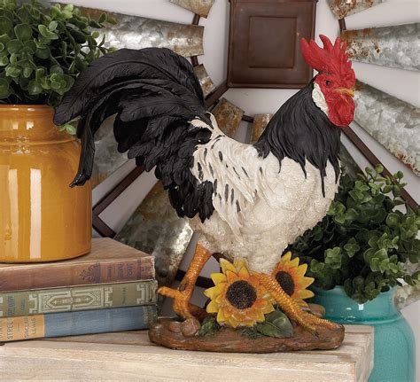 rooster figurine statue country farm chickens decor black white