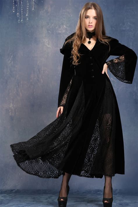 black hooded long sleeves dress velvet lace vampire witch