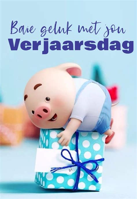 small toy pig sitting  top   gift box   words baue geluk net  verjaarsdag