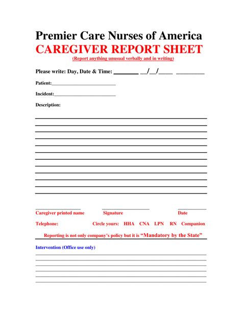 caregiver report sheet template premier care nurses  america fill