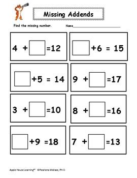 missing addends addition worksheets st  grade math tpt