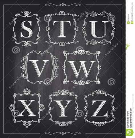 blackboard chalk vintage calligraphic letters in monogram retro frames alphabet logos stock