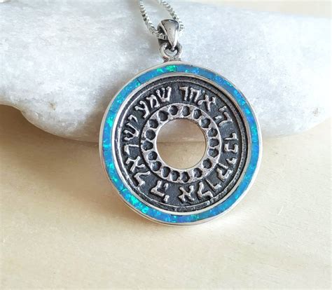 silver shema yisrael opal necklace hebrew prayer  disc pendant blue fire opal jewish