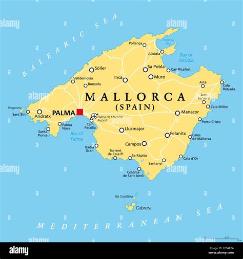 mallorca political map  capital palma  important towns majorca largest island
